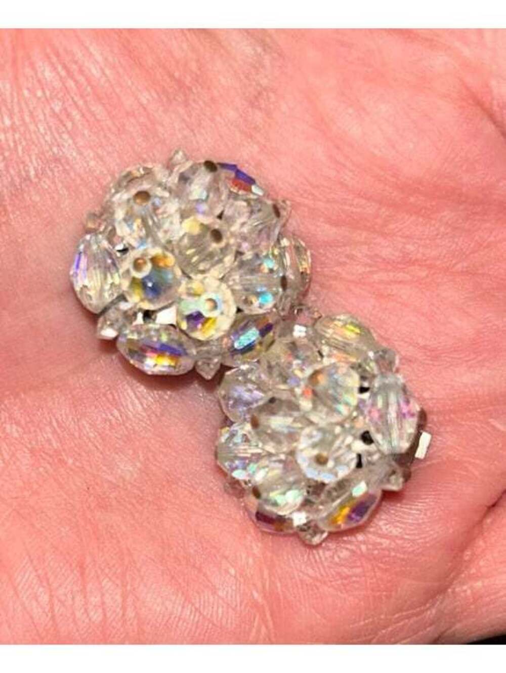 Vintage Aurora Borealis Crystal Clip-On Earrings AB Rhinestone